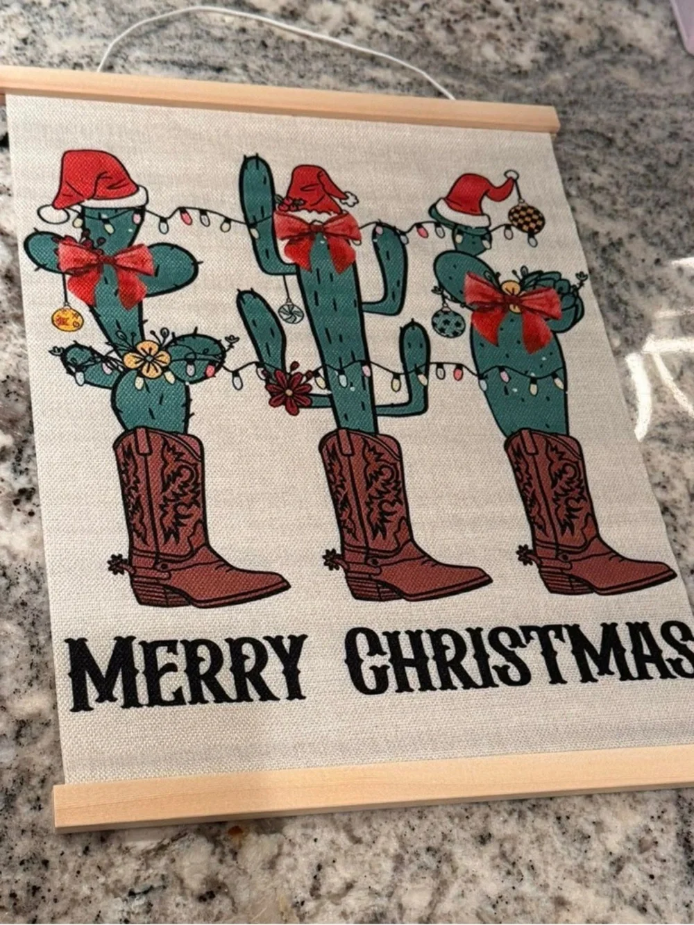 Merry Christmas Cactus Wall Hanging - Festive Cowboy Boot Design 16”x12”